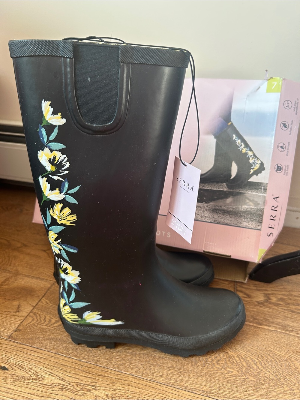 Serra Black Rain Boots with Yellow Floral Side Detail Sz 7 ladies